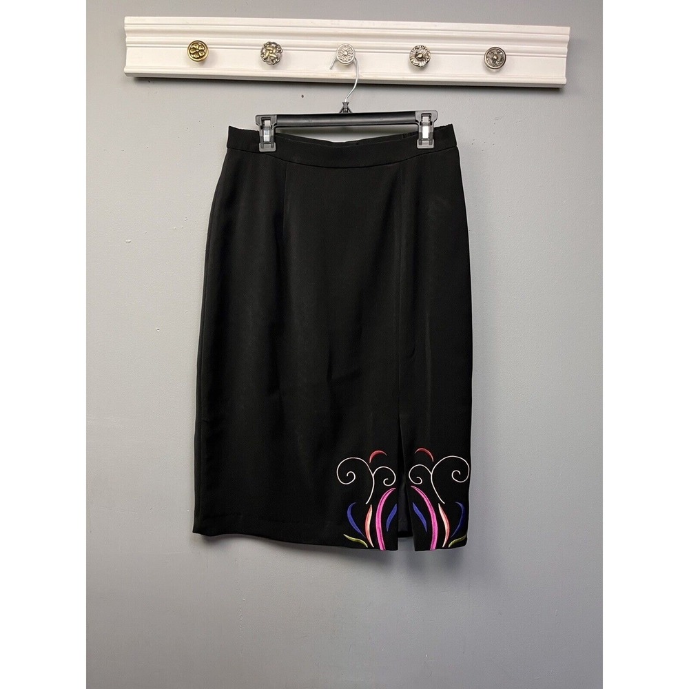 Psalm: CIV Skirt Womens 12 Black Embroidered Front Slit Pencil Straight Office